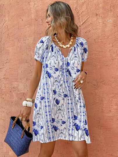 Selianne Women's Vacation Style Short Sleeve Mini Dress, Fashionable Floral Print Elegant Loose Reversible Dress, Suitable For Summer Vacation, Daily Commute, Dating And Outing