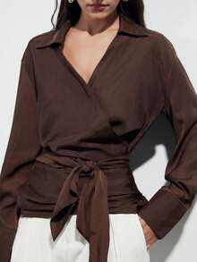 Aveloria Modichic New Arrival French Retro Criss-Cross Strap V-Neck Blouse, Slimming Design - Brown - View 5