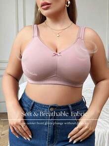 DesireSculpt 1 pieza Sujetador de mujer talla grande, suave y elástico, de unicolor con decoración de lazo, con tirantes ajustables y sin aros - Rosa - Ver 6