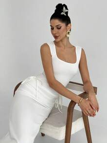 Firerie 女士优雅简约浪漫约会、婚礼、派对、下午茶连衣裙，白色针织圆领无袖褶皱腰身连衣裙，休闲日常、度假连衣裙、婚礼宾客连衣裙 - 白色 - 查看 6