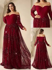 Coutiva Đầm dạ hội thanh lịch, trễ vai, tay dài, hở lưng, xếp ly ở gấu váy, đính sequin, thích hợp cho khách dự đám cưới, lễ tốt nghiệp, dạ hội, tiệc tựu trường, sự kiện thảm đỏ, v.v. - Màu Đỏ Sâu - Xem 3