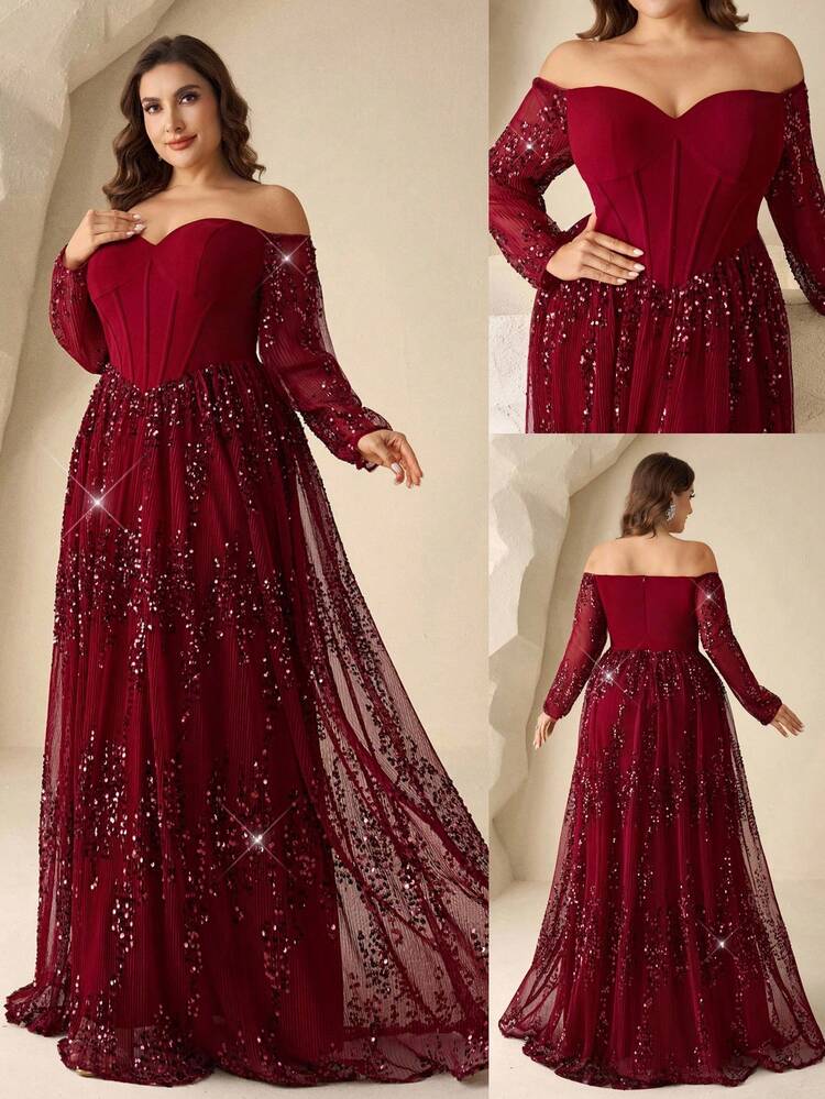 Coutiva Đầm dạ hội thanh lịch, trễ vai, tay dài, hở lưng, xếp ly ở gấu váy, đính sequin, thích hợp cho khách dự đám cưới, lễ tốt nghiệp, dạ hội, tiệc tựu trường, sự kiện thảm đỏ, v.v. - Màu Đỏ Sâu - Xem 3