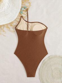 Swim Chiccia Women's Summer Beach Music Festival One Shoulder Shiny Nylon Brown Beaded Elegant Vacation Style One Piece - Brown - View 2