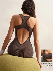 VARSIVA Brown Seamless Women's Backless Sports Jumpsuit, With A Cutout At The Chest, A Professional Backless Women's Sports Jumpsuit Suitable For Professional Fitness Activities, Pilates, Yoga, Running, And Everyday Wear, Suitable For Spring, Summer, Autumn And Winter. - Multicolor - View 15