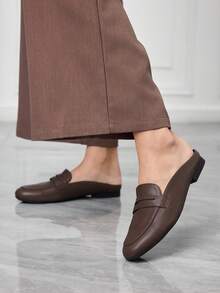 Sleekvia 女士鞋履 春夏新款圆头平底棕色穆勒鞋 女士日常百搭通勤半拖鞋 休闲平底鞋 - 咖啡棕 - 查看 3