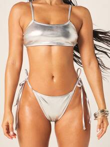 MISSGUIDED Women's Metallic Silver Bikini Set With Spaghetti Straps Tie Side String Bottom Two Piece Swimwear Beach Summer Vacation - Silver - View 3