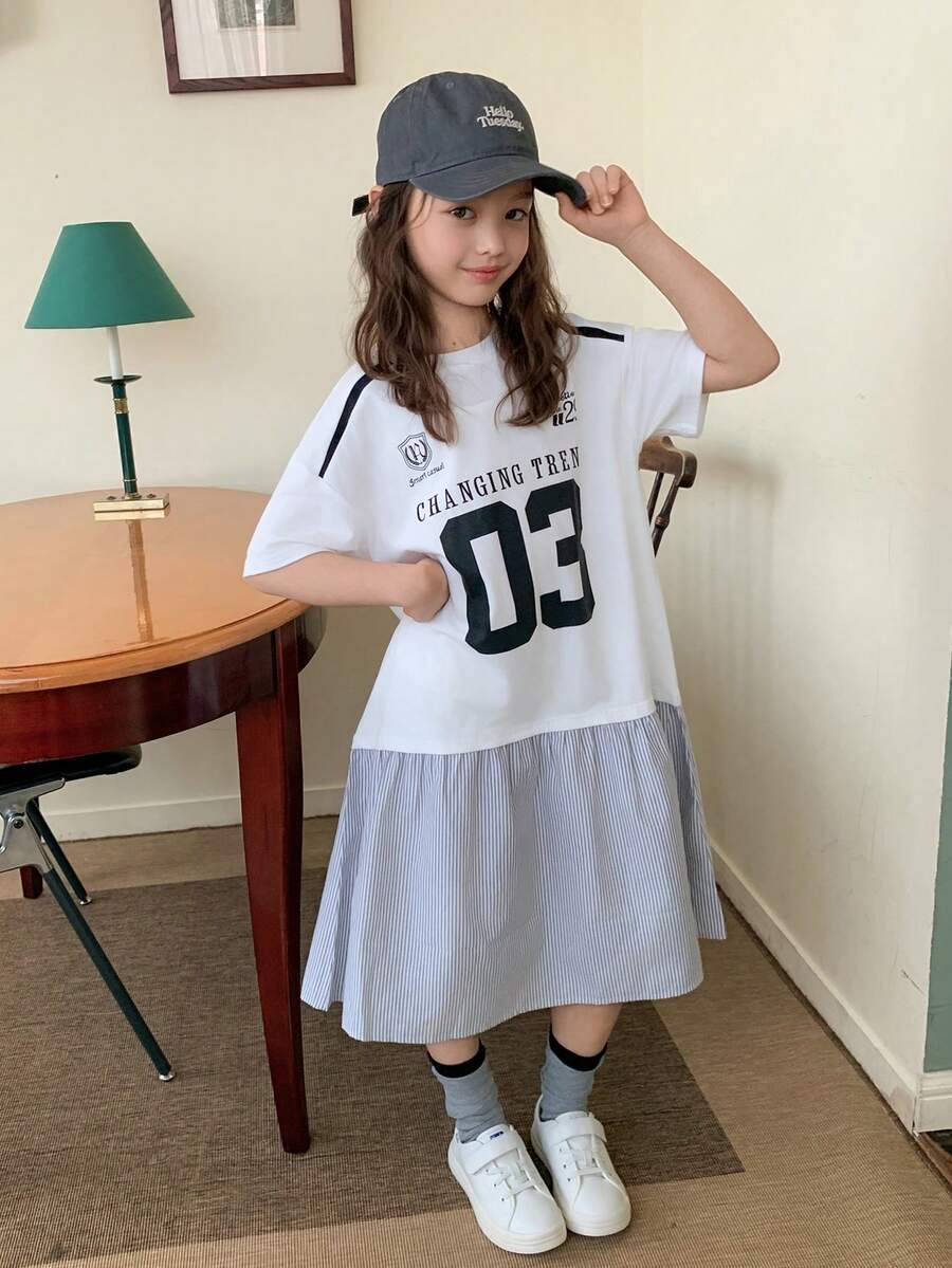 Dazy Kids 少女夏季休闲条纹拼接连衣裙 - 白色 - 查看 1