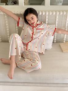DAZY 少女舒适可爱条纹爱心印花短袖上衣和裤子睡衣套装，夏季 - 粉色 - 查看 5