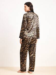 Hourtrue 2pcs Women Leopard Print Long Sleeve Collar Pocket Shirt And Pants Pajama Set, Ladies Sleepwear Loungewear For All Seasons - Brown - View 2