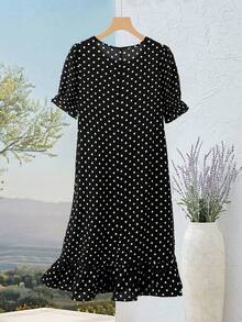 Rusticease 女士波点休闲约会派对中长连衣裙，适合夏季穿着。波点连衣裙，女士休闲连衣裙，女士夏季连衣裙，波点连衣裙，女士休闲连衣裙，波点连衣裙 - 黑與白 - 查看 2