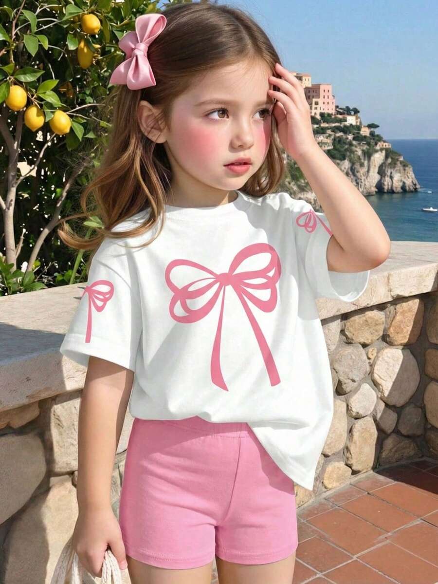SHEIN Playful Pals 女婴蝴蝶结印花圆领短袖T恤和针织短裤两件套，可爱时尚，奶油粉色，粉色蝴蝶结印花，休闲女婴套装，适合春夏、室内外穿着，也可作为校服。