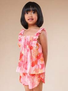 SUMWON Girls Watercolor Print Ruffle Cami Top And Matching Shorts Summer Co-Ord Set With Square Neckline - Multicolor - View 3