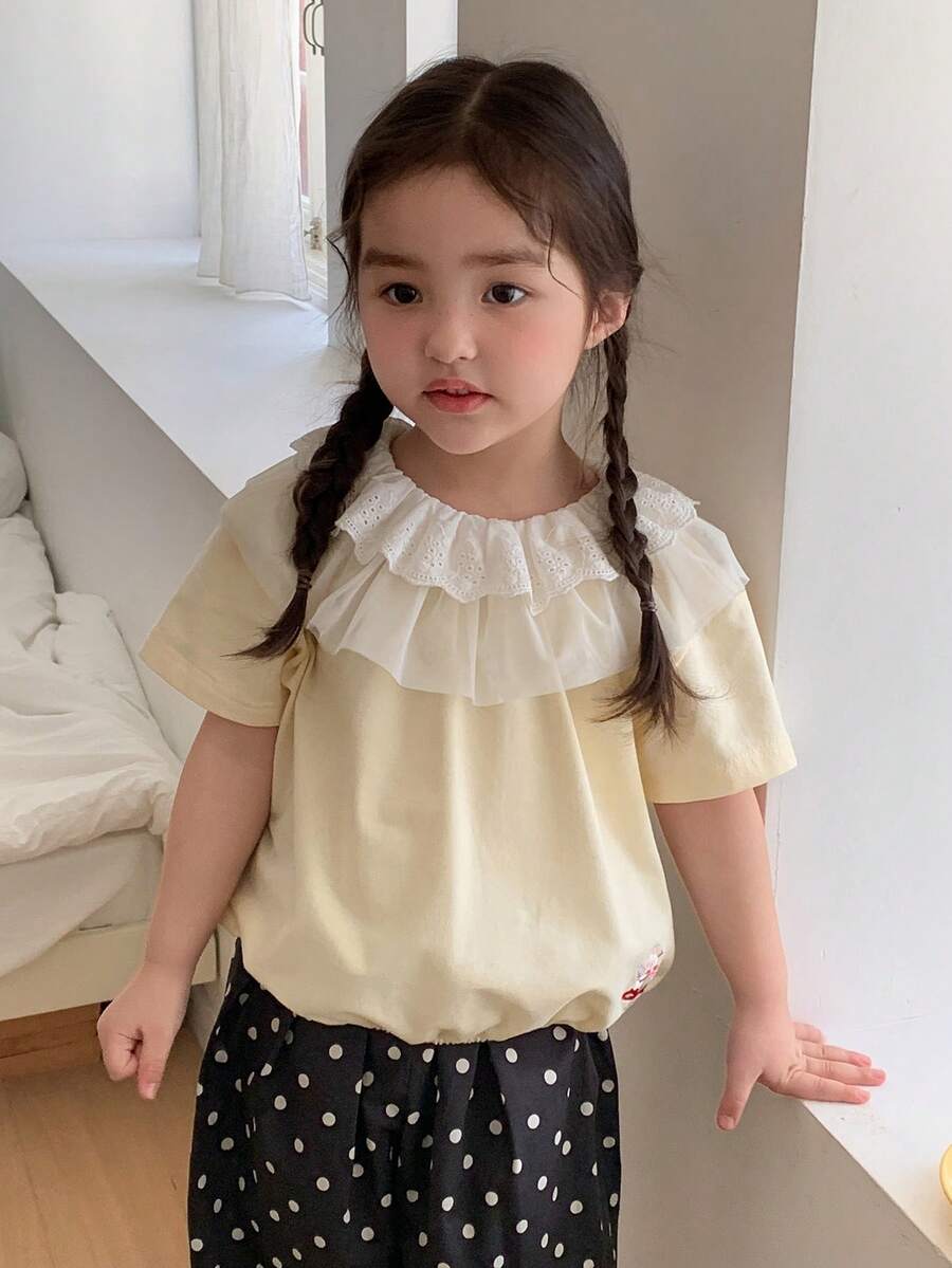Dazy Kids 女童蕾丝条纹清爽春夏上衣 - 杏色 - 查看 1