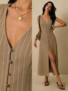 Poéselle 女士条纹单排扣V领无袖休闲连衣裙 - 卡其色 - 查看 1