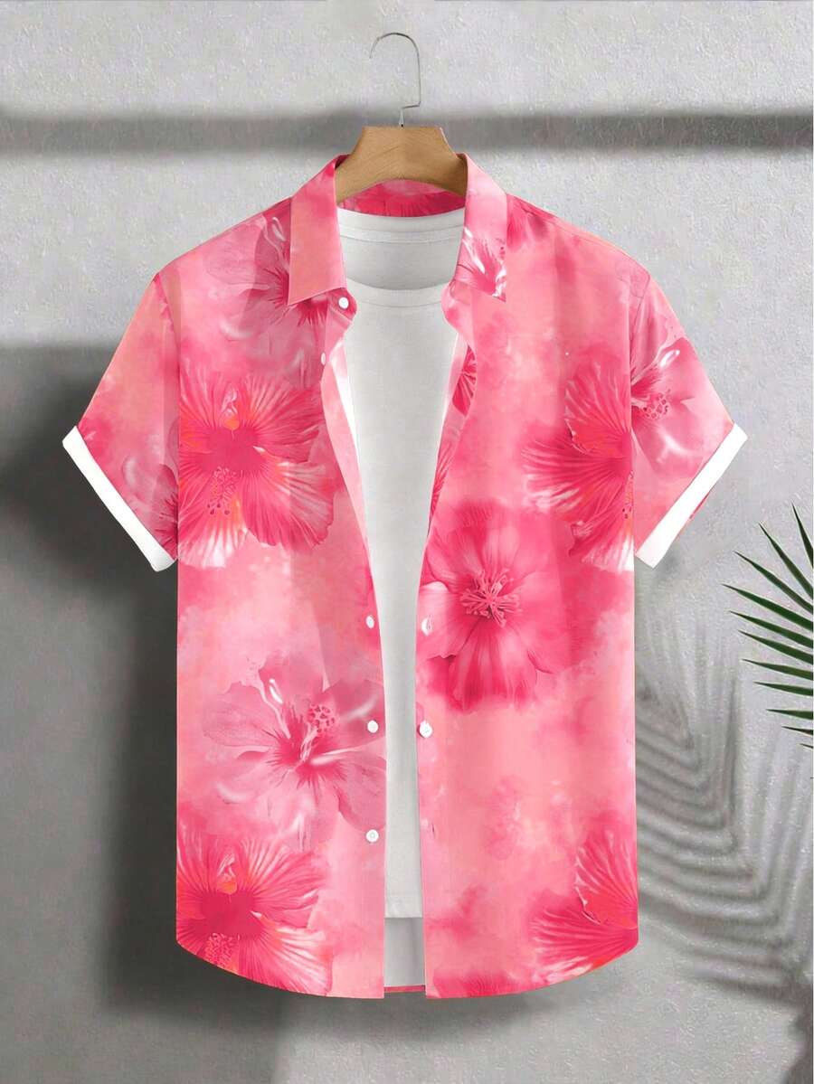 VIVINTIMO 男士夏季沙滩度假印花宽松短袖衬衫 - 粉色 - 查看 1