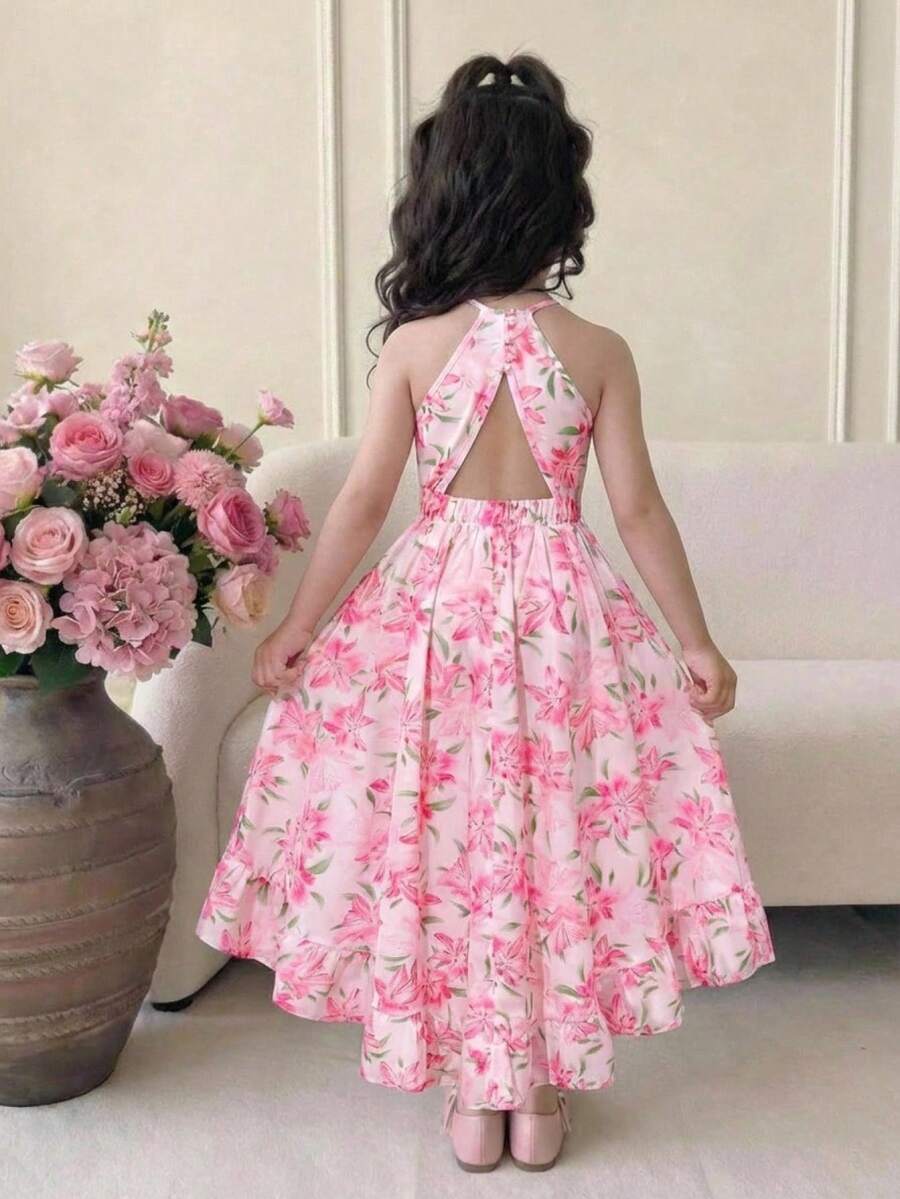 SHEIN Vestido de gasa con estampado floral, cuello redondo, tirantes finos, dobladillo asimétrico, para niñas, color rosa - Rosa - Ver 1