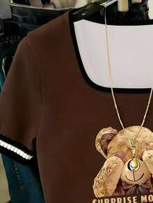 Resyla 新款泰迪熊印花女士修身短款T恤 - 棕色 - 查看 3