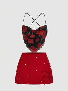 SHEIN MOD 红色串珠蝴蝶结短裤，适合派对、婚礼、郊游、可爱场合、约会、聚会、女士春夏装、春假、度假、野餐、节日、生日等场合。 - 紅色 - 查看 6