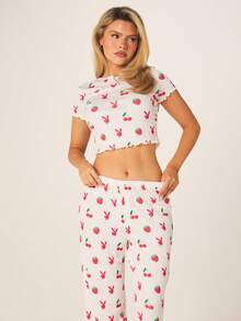 Missguided x Playboy Women's Printed Crop Top And Wide Leg Pajama Set With Bunny Strawberry Cherry Pattern Short Sleeve Summer Sleepwear Loungewear Two Piece Co-Ord Set - White - View 4