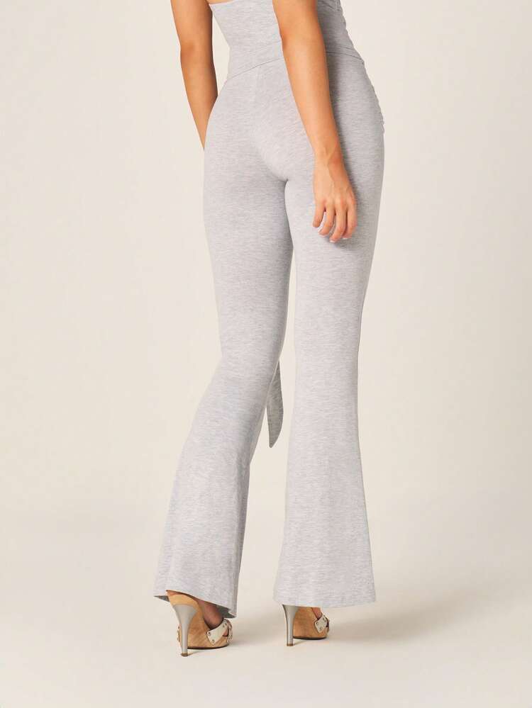 MISSGUIDED Women's Heathered Grey Flared Leggings With Front Tie Detail High Rise Wide Leg Casual Pants For Fall Winter