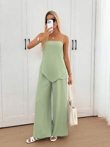 Easowa 2pcs Pea Green Camisole Top And Pants Set, Suitable For Casual Daily And Vacation Wear, Spring/Summer - Green - View 3