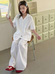 DAZY Tween Girls' Dropped Shoulder Short Sleeve Loose Front Button Casual Comfortable Loungewear Summer - White - View 7