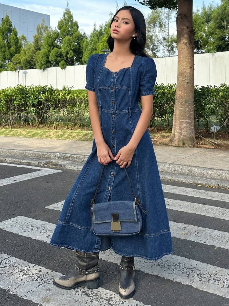 Teen Girl Sweetheart Neck Button Front Casual Short Sleeve Denim Dress
