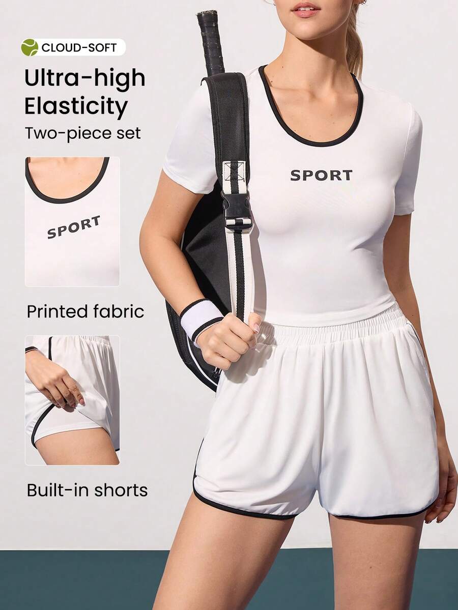 Gameset SHEIN Sport 2件套女士休闲字母图案撞色滚边短袖露脐T恤和短裤运动套装,夏季女士短裤运动套装,匹克球服,女士套装,短袖运动套装,两件套健身服,女士短裤套装,运动套装,女士短袖运动套装,女士运动服套装,短裤,超高弹力女士运动服套装,女士运动套装,女士运动服套装,女士慢跑服,跑步套装,两件套运动服 - 白色 - 查看 1