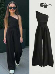 SHEIN 少女休闲简约舒适连体衣 - 黑色 - 查看 1