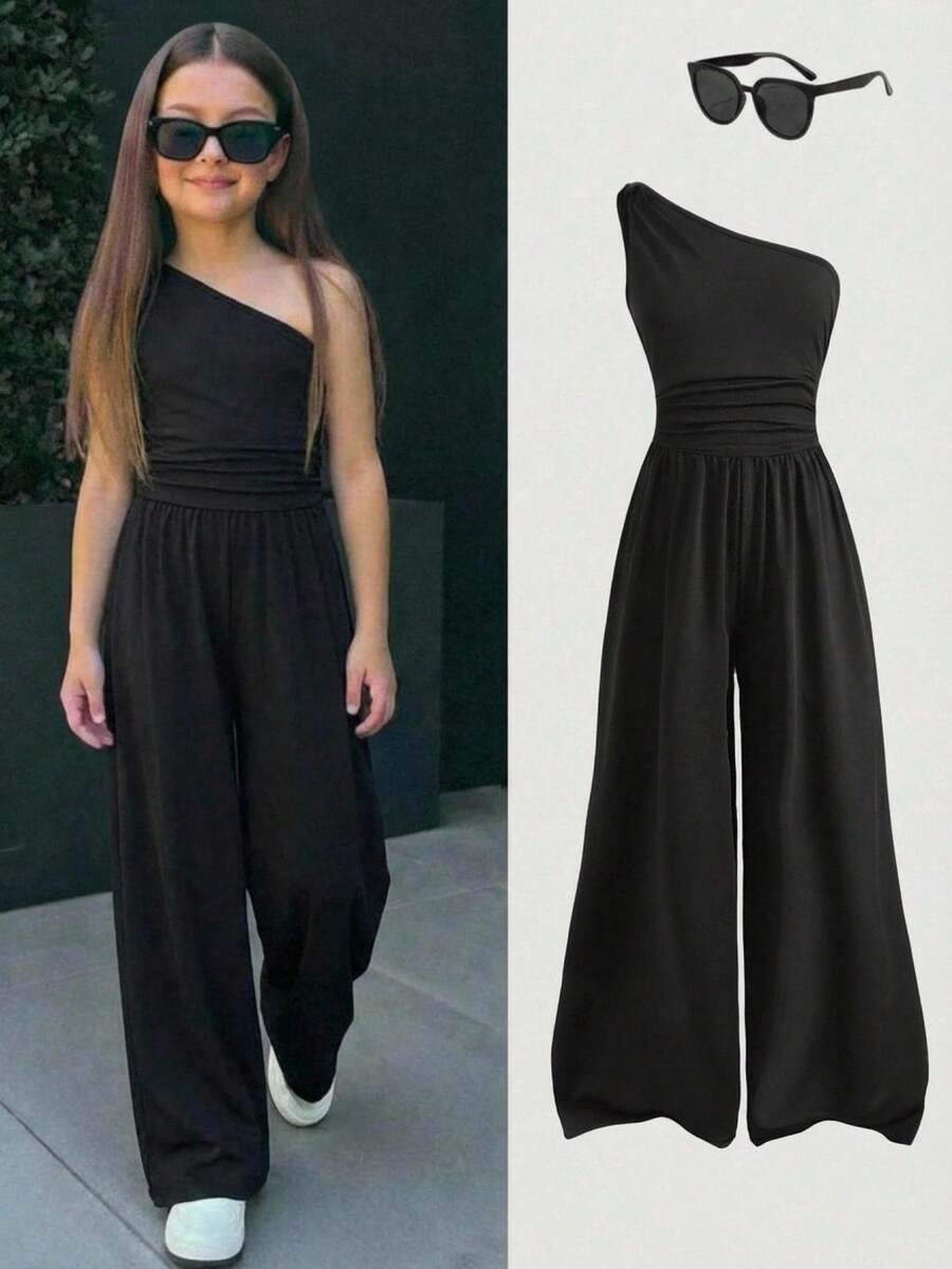 SHEIN 少女休闲简约舒适连体衣 - 黑色 - 查看 1