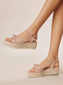Styleloop Women's Fashion Solid Color Woven Casual Platform Wedge Sandals, Suede Bow Decoration, Bohemian Vacation Style Vintage French Canvas Platform Ankle Sandals, Western Style, Music Festival Party Clothing, Spring Summer Shoes Spring Break Easter Holiday Travel Essential Boho Cowgirl Outfit Coachella - Apricot 3 - View 7