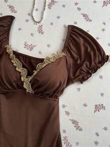 Elamini Casual Lace Trim Colorblock T-Shirt For Women - Brown - View 4