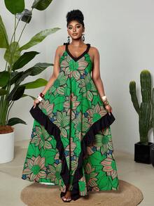 Maweii Plus Size Women's Green Colorblock Floral Print Asymmetrical Ruffle Trim V-Neck Tie Neck Maxi Dress,Boho Vacation Holiday Autumn Flattering Maxi Dress - Multicolor - View 4