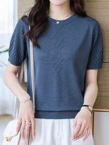 EMERY ROSE Áo thun nữ ngắn tay dệt kim cơ bản màu trơn để mặc hàng ngày - Màu xanh lam - Xem 6