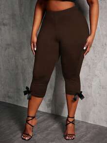 SHEIN SXY 2pcs/Set Plus Size Women's Leopard Print & Chocolate Brown Capri Pants With Bow Decor,Summer Casual Country Everyday Mid-Waist Elastic Capri Pants Set - Brown - View 8