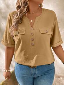 EMERY ROSE Áo sơ mi tay ngắn cổ bẻ dáng rộng, trang trí cúc gỗ, cỡ lớn. - Cà phê nâu - Xem 4