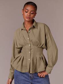 Athîral Women's Striped Waist Cinched Long Sleeve Dropped Shoulder Pleated Blouse - Khaki - View 5