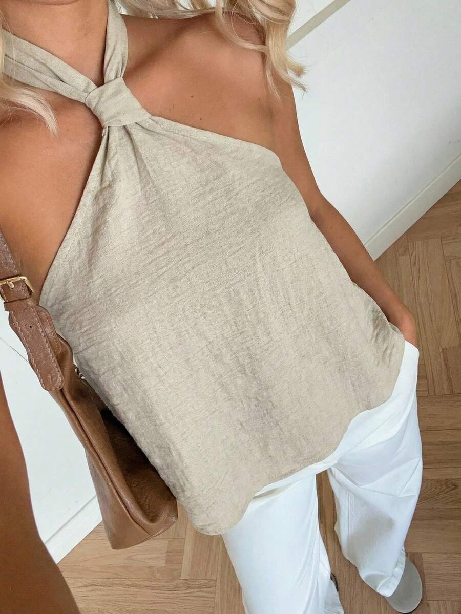 SHEIN EZwear 卡其色编织休闲露背女式衬衫 - 杏色 - 查看 1