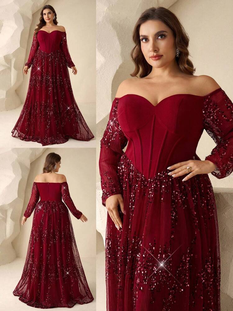 Coutiva Đầm dạ hội thanh lịch, trễ vai, tay dài, hở lưng, xếp ly ở gấu váy, đính sequin, thích hợp cho khách dự đám cưới, lễ tốt nghiệp, dạ hội, tiệc tựu trường, sự kiện thảm đỏ, v.v. - Màu Đỏ Sâu - Xem 1
