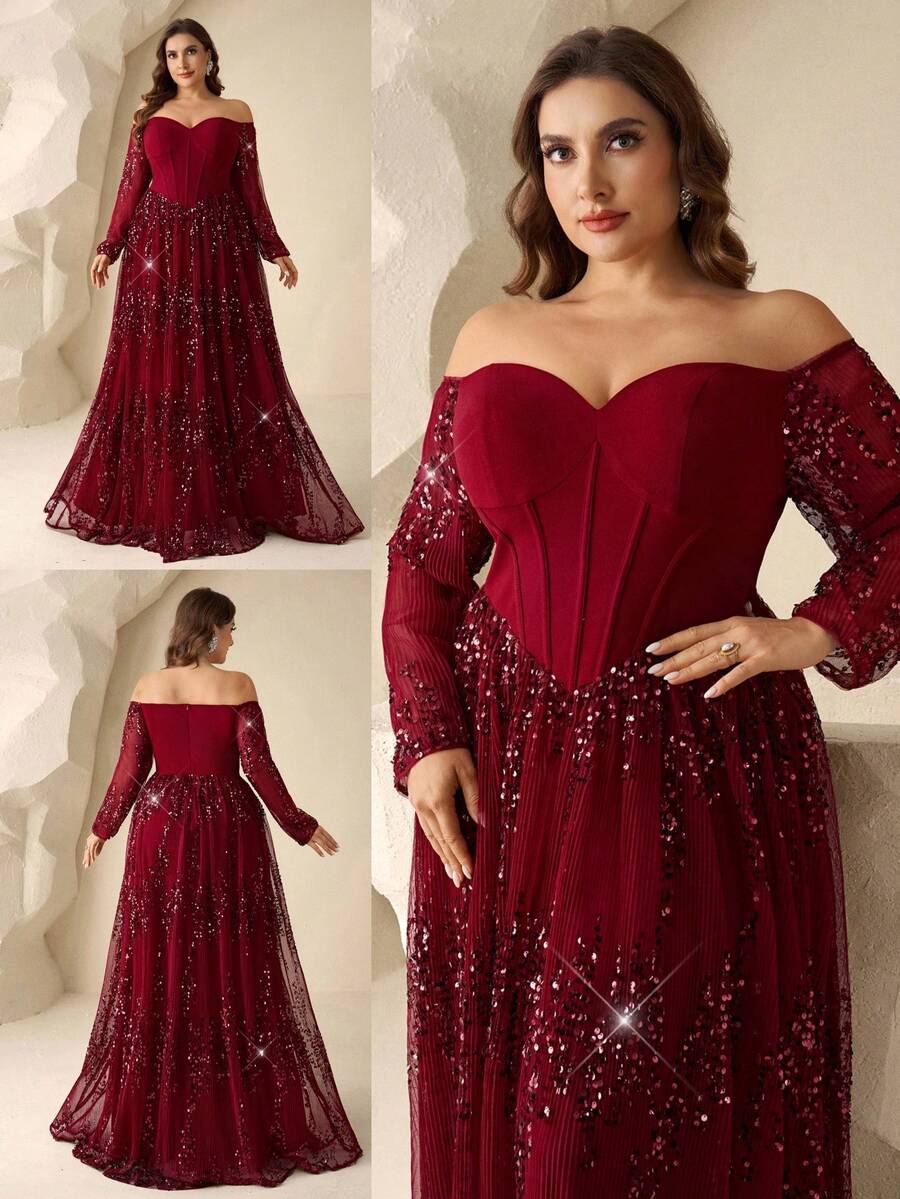 Coutiva Đầm dạ hội thanh lịch, trễ vai, tay dài, hở lưng, xếp ly ở gấu váy, đính sequin, thích hợp cho khách dự đám cưới, lễ tốt nghiệp, dạ hội, tiệc tựu trường, sự kiện thảm đỏ, v.v. - Màu Đỏ Sâu - Xem 1