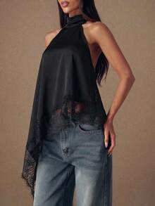 SHEIN BAE Blusa elegante de mujer con cuello halter, parches de encaje y bajo asimétrico - Negro - Ver 3