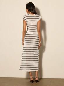 COSMINA Women's Elegant V-Neck Short Sleeve Striped Midi Knit Dress - Black and White - View 2