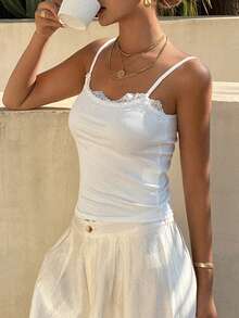 DAZY Women's Summer Lace Patchwork Fitted Cropped Camisole, Casual Street Style Layering Tank Top - White - View 7