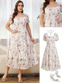 SHEIN Clasi 大码女式印花优雅派对短袖连衣裙 - 彩色 - 查看 10