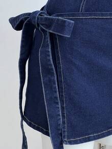 Elamini Fashionable Round Neck Tie-Up Raw Wash Fitted Denim Dress - Dark Wash - View 3