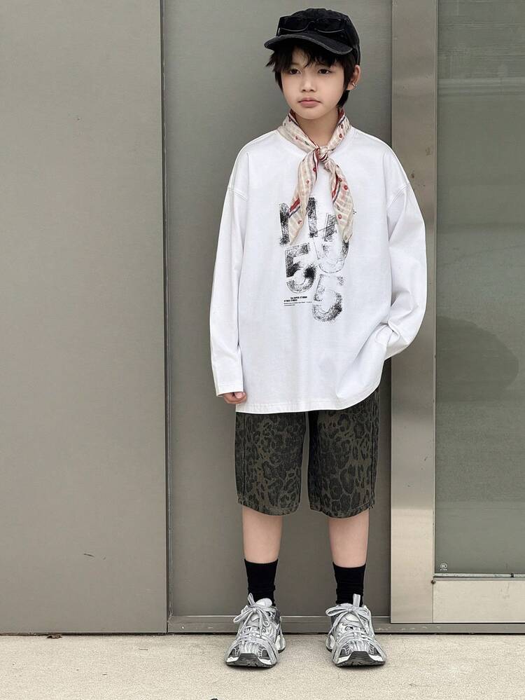 Tween Boy Leopard Print Washed Denim Shorts