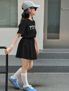 Dazy Kids 少女休闲蝴蝶结印花T恤和裙子套装，夏季 - 黑色 - 查看 5