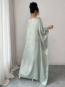 Elenzga Vestido elegante de manga de murciélago con aplicaciones bordadas para fiesta - Verde - Ver 2