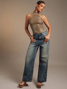 Hauture Women's Sexy Sexy Solid Black Backless Halter Top With Rhinestone Detail - Khaki - View 3