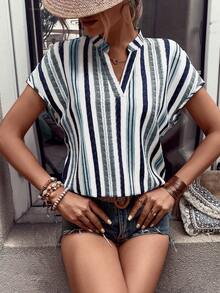 SHEIN LUNE 条纹印花缺口领蝙蝠袖衬衫、短袖上衣 - 霧霾藍 - 查看 3